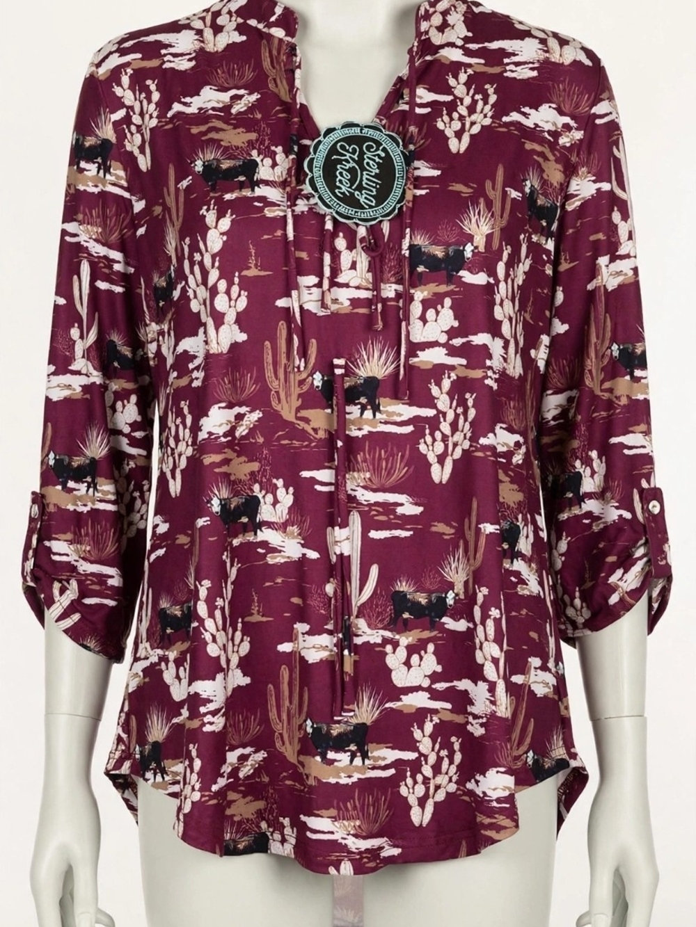 Sterling Kreek XL Burgundy Western Desert Cactus Cow Print Tunic Top NWT